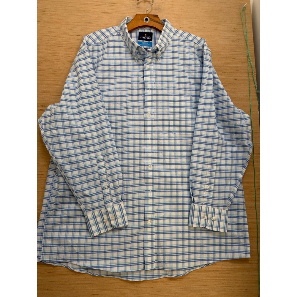 Stafford Regular Fit CoolMax Plaid Button Down Shirt Blue White XL 17-17.5 32-33